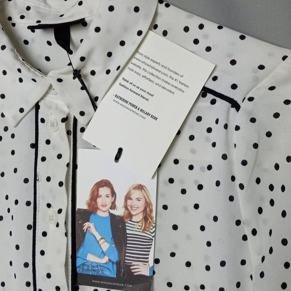 Who What Wear White Sheer Black Polka dot Blouse Button Up NWT XS Long Sleeve - Picture 8 of 16
